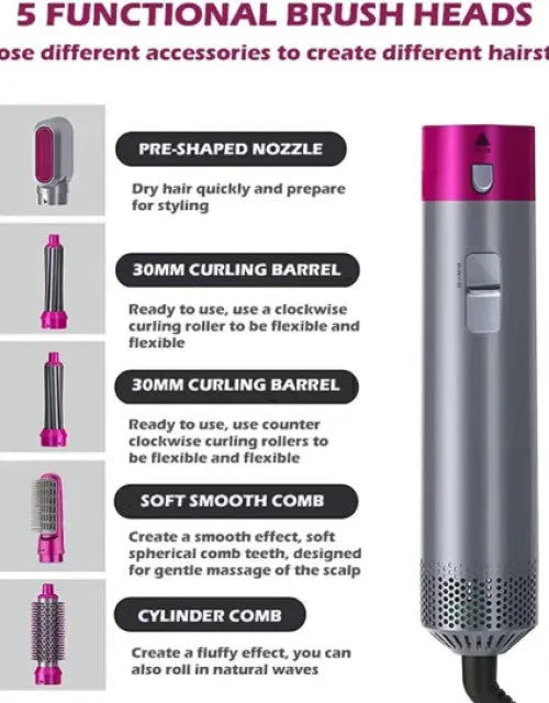 5-in-1 multifunctional hair dryer brush with curling and straightening attachments