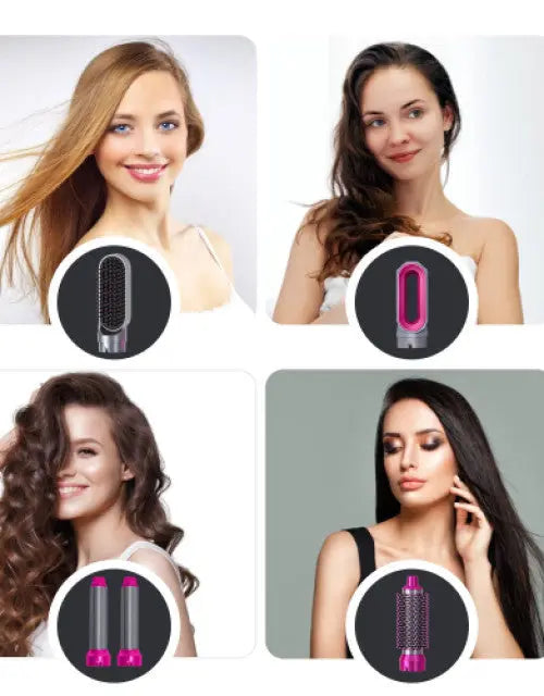 Four women with different hairstyles using a hair product, with close-ups of the product on a gray background.