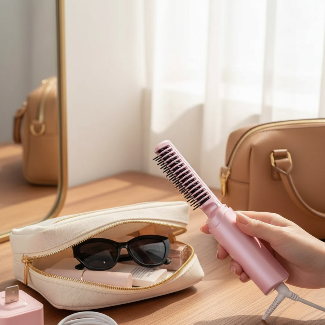 Rechargeable Mini Hair Straightener – Portable Cordless Hair Straightener Brush with 3 Adjustable Temperature Settings