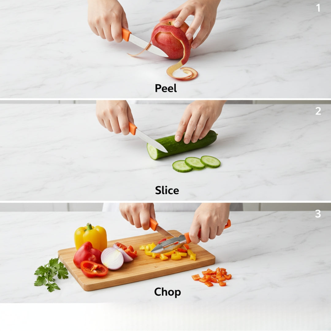 3-in-1 Stainless Steel Kitchen Knife Set – Cut, Peel & Chop Easily