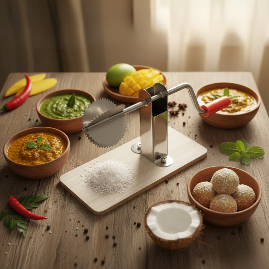 Stainless Steel Coconut Scraper with Wooden Base – Easy & Efficient