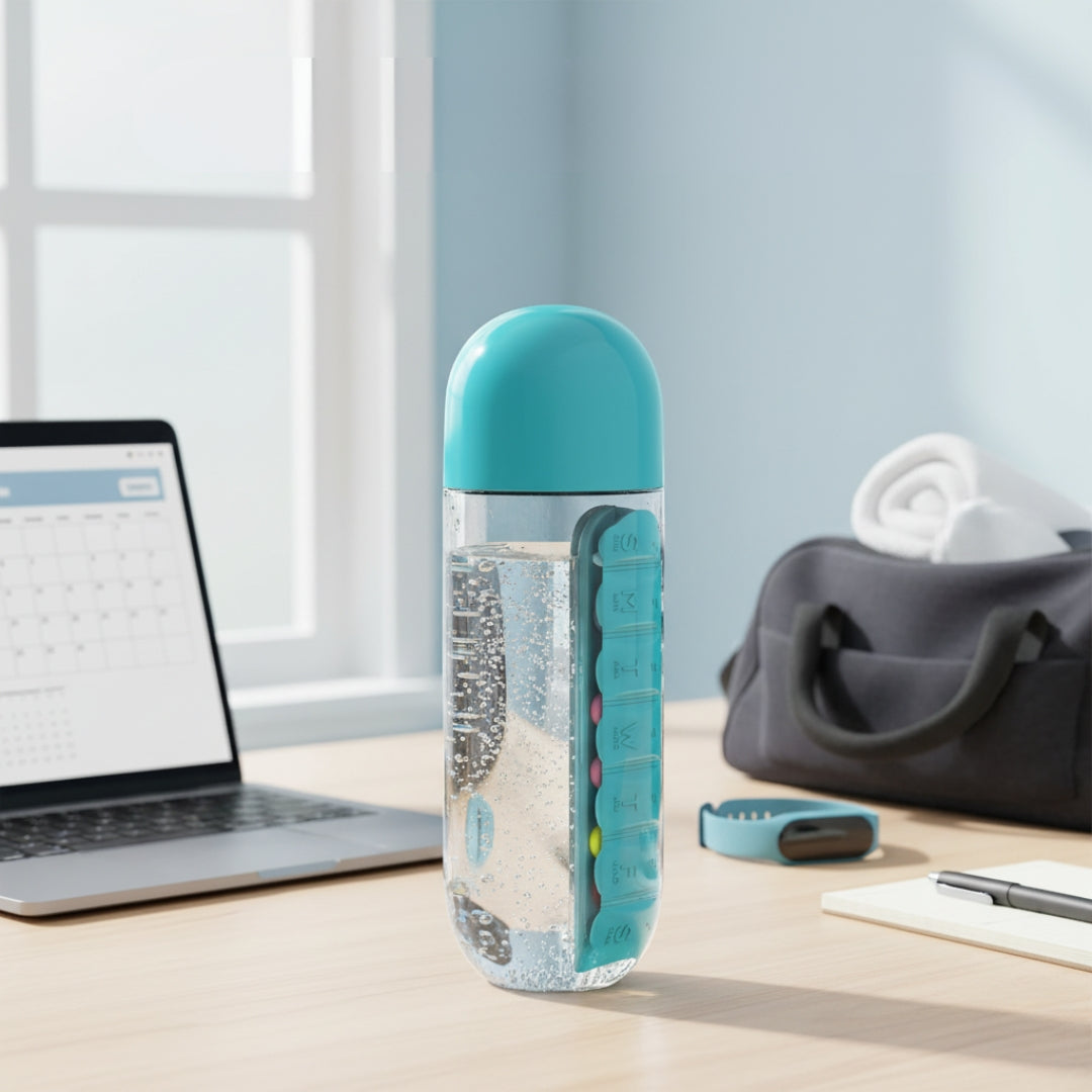 600ml Water Bottle with Pill Organizer – Travel-Friendly, Daily Medicine Storage Bottle