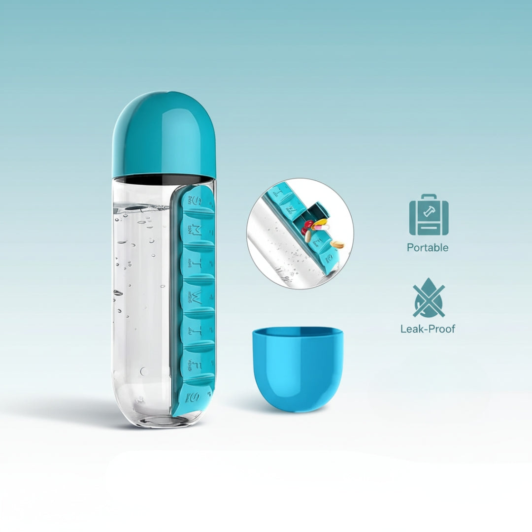 600ml Water Bottle with Pill Organizer – Travel-Friendly, Daily Medicine Storage Bottle