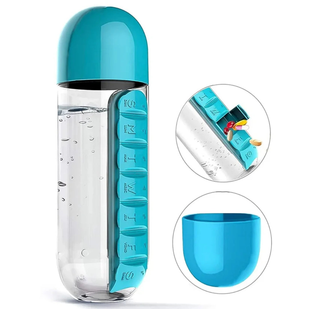 600ml Water Bottle with Pill Organizer – Travel-Friendly, Daily Medicine Storage Bottle