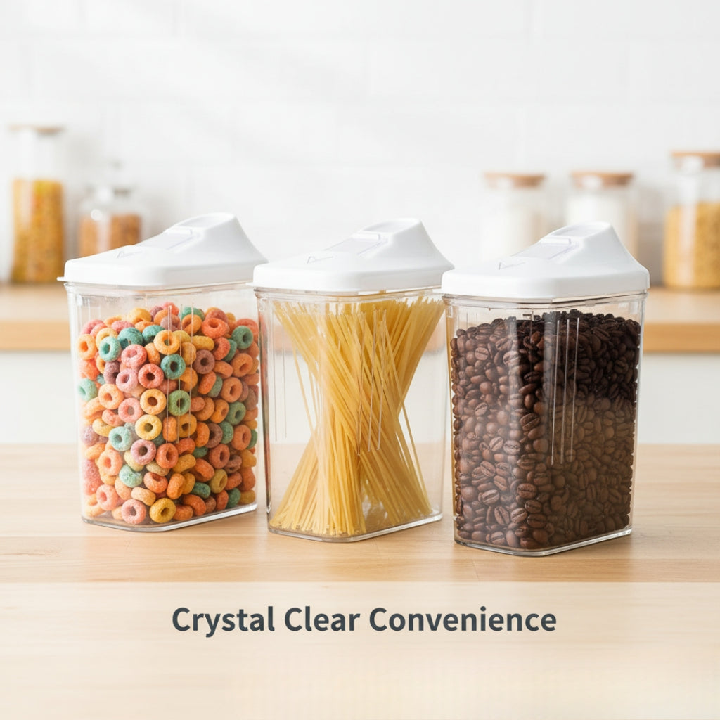 3-Piece Airtight Kitchen Storage Jar Set – Transparent Plastic Containers for Spices, Grains & Snacks