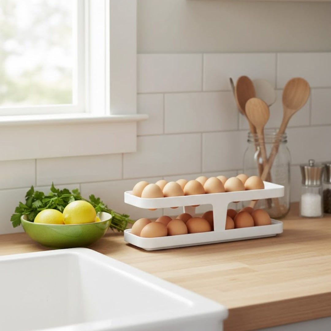 Rolling Egg Tray Egg Holder – 2-Tier Automatic Egg Dispenser for Refrigerator