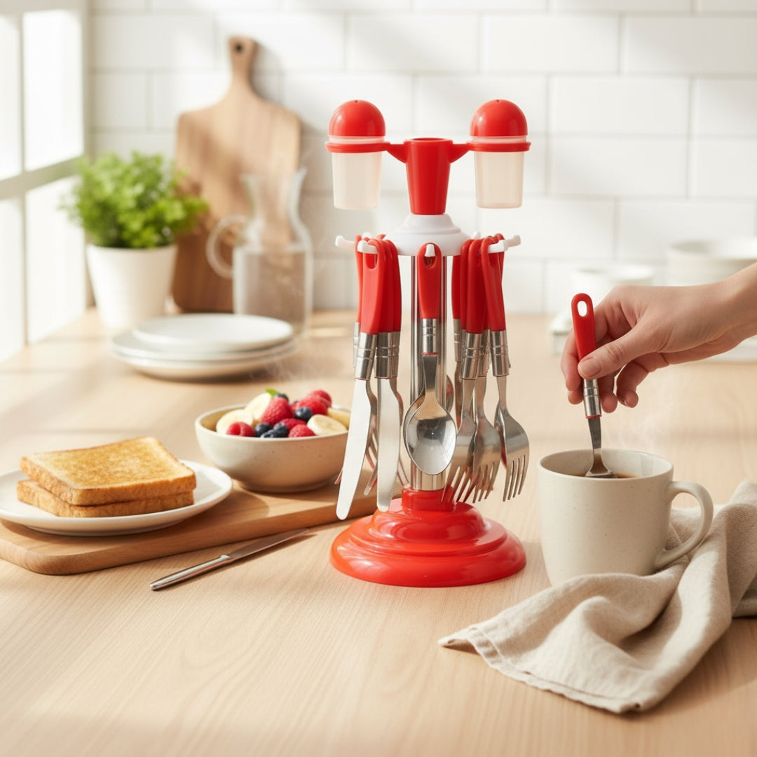 24-Piece Stainless Steel Cutlery Set with Stand – Classic Spoon Fork Knife Set