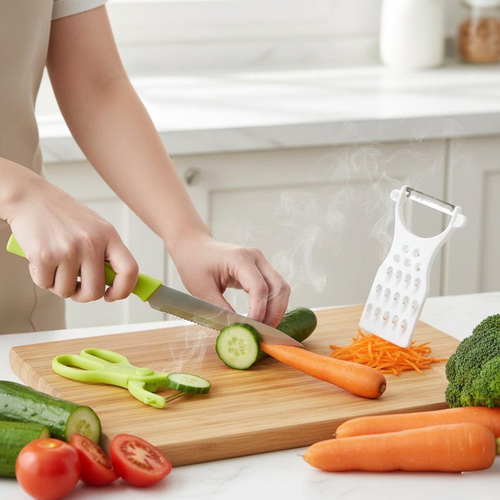 4-in-1 Kitchen Cutting Set – Knife, Scissors, Grater & Peeler Combo