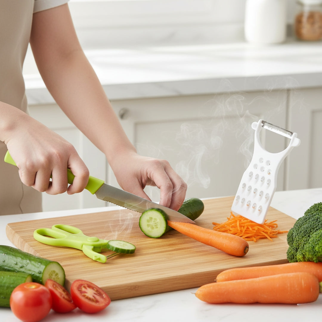 4-in-1 Kitchen Cutting Set – Knife, Scissors, Grater & Peeler Combo