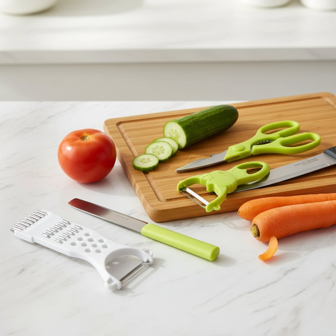 4-in-1 Kitchen Cutting Set – Knife, Scissors, Grater & Peeler Combo