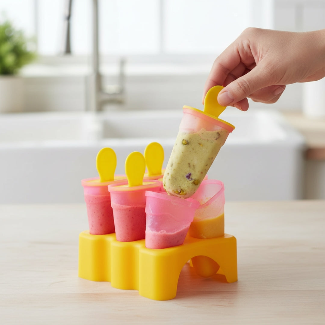 Kulfi Maker Moulds Set (6 Pcs) – Plastic Homemade Ice Cream Moulds for Freezer Use